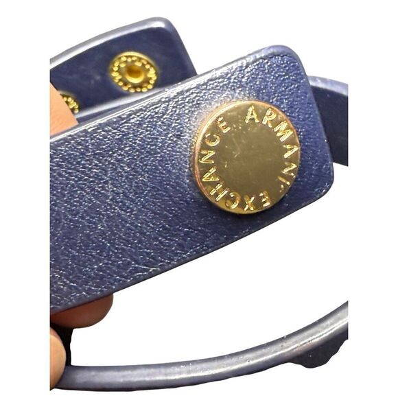 Armani Exchange Navy Leather Wrap Bracelet with Gold Leaf Plate - Picture 2 of 6
